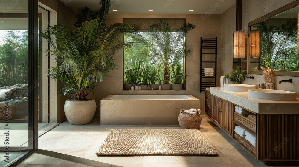 Fototapeta premium Luxurious bathroom with an indoor palm tree next to a freestanding marble bathtub