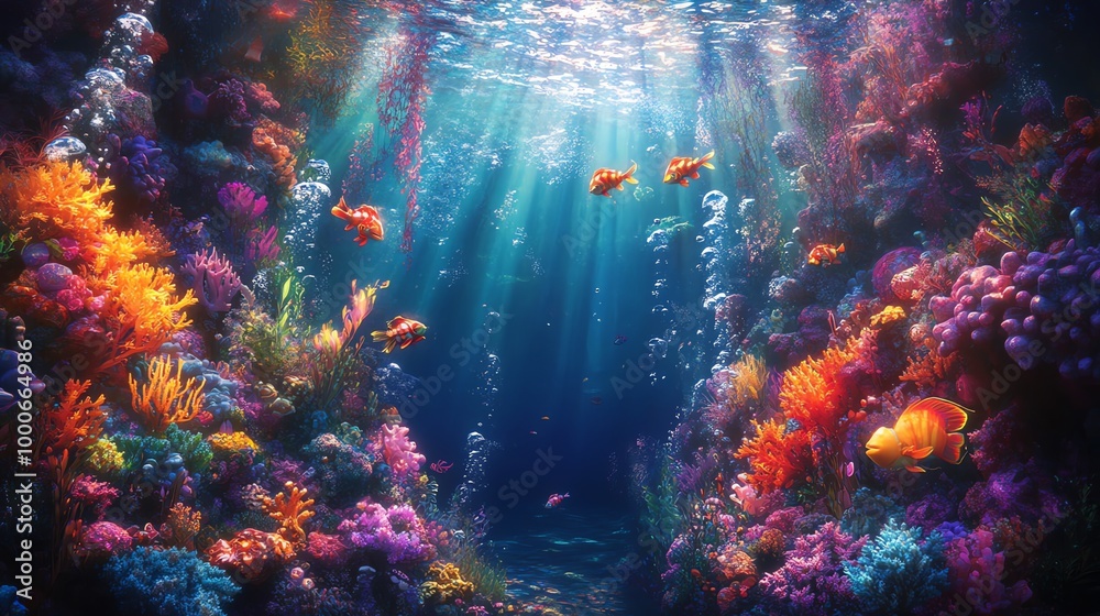 Fototapeta premium Vibrant coral reef with colorful fish and sunlight shining through the water.