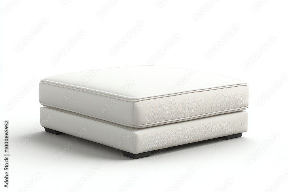White fabric ottoman with square shape and wooden legs. White fabric ottoman with square shape and wooden legs.