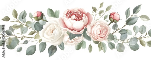 Watercolor floral bouquet, featuring peonies and roses, with eucalyptus leaves, in a white color palette, isolated on a white background, 