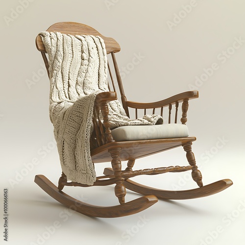 A wooden rocking chair, draped with a cozy blanket, embodies warmth, comfort, and relaxation. photo