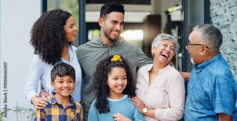 Fototapeta premium Big family, happy and outdoor in new home with real estate, property investment or laughing for support. Security, parents and grandparents with kids in dream house for insurance, mortgage or success