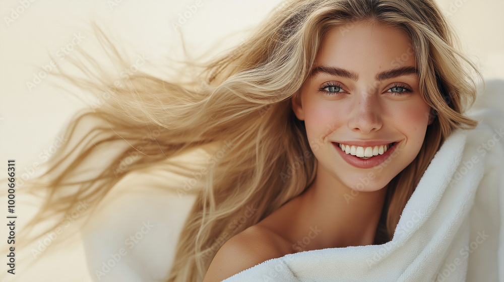 Fototapeta premium A stunning blonde woman with a radiant smile, her long hair flowing as she poses with a white towel draped around her shoulders. Her glowing skin stands out, portrait of a woman