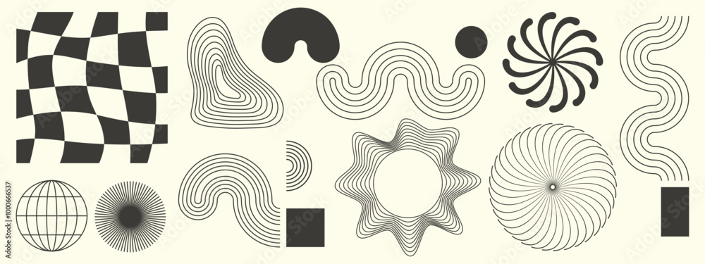 Fototapeta premium Hand drawn abstract minimal element mid century vector set. Aesthetic contemporary stripe line art, geometric shape in monochrome. Art form design for wall art, decoration, wallpaper.