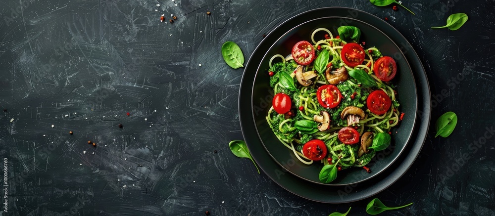 Homemade Spinach Mushroom Pesto Spaghetti On A Plate On A Black Background Top View Flat Lay Overhead From Above Copy Space Homemade Spinach Mushroom Pesto Spaghetti On A Plate On A Black Background Top View Flat Lay Overhead From Above Copy Space