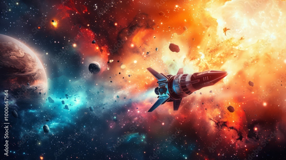 Naklejka premium Vintage Space Scene with a Spacecraft in a Galaxy