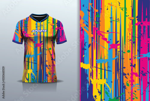 Sport jersey design template mockup paint abstract for football soccer, running, esports, blue purple orange yellow color