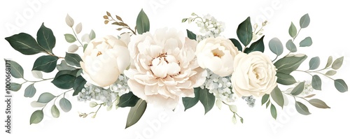 Watercolor floral bouquet, peonies and hydrangeas, eucalyptus leaves, white roses, greenery arrangement, wedding flowers