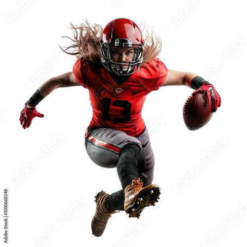 Female American football player in action with red uniform and helmet, running and holding a football on white background.