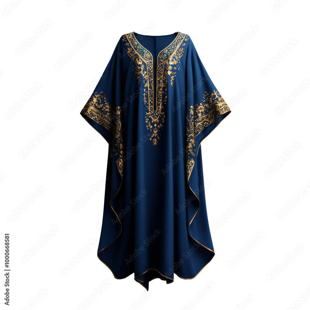 A luxurious dark blue traditional Arab thobe with intricate gold embroidery, perfect for cultural events and special occasions. A luxurious dark blue traditional Arab thobe with intricate gold embroidery, perfect for cultural events and special occasions.