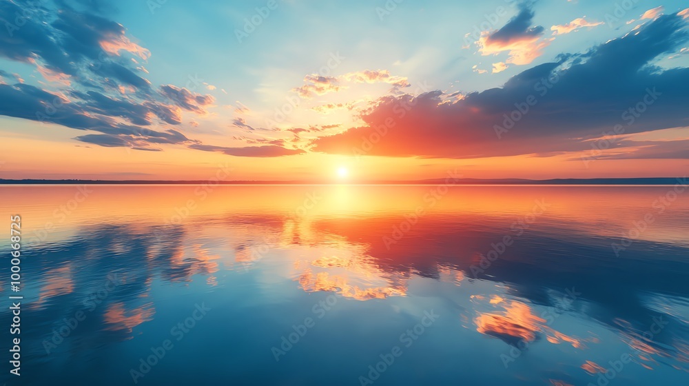 Naklejka premium A breathtaking sunset over a calm lake, the sun casting golden rays across the water, with a sky full of vibrant colors reflected in the water.