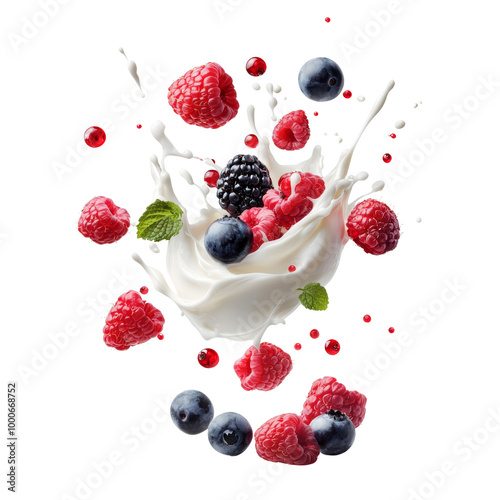 Fresh berries splash into creamy milk, capturing the vibrant colors and energy of raspberries, blueberries, and blackberries.