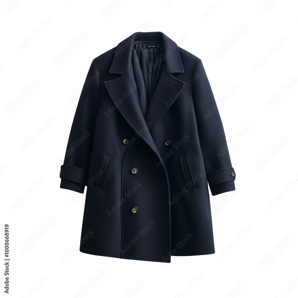 Elegant navy blue overcoat with double-breasted style and pocket detail, perfect for modern fashion and seasonal wear. Elegant navy blue overcoat with double-breasted style and pocket detail, perfect for modern fashion and seasonal wear.