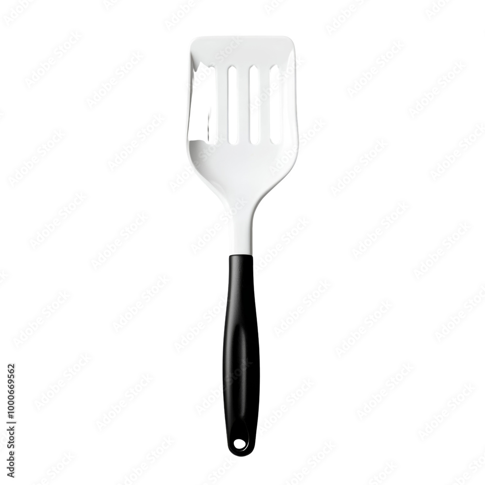 Stainless steel slotted spatula with black handle. Ideal for cooking and frying. High-quality kitchen utensil for everyday use. Stainless steel slotted spatula with black handle. Ideal for cooking and frying. High-quality kitchen utensil for everyday use.