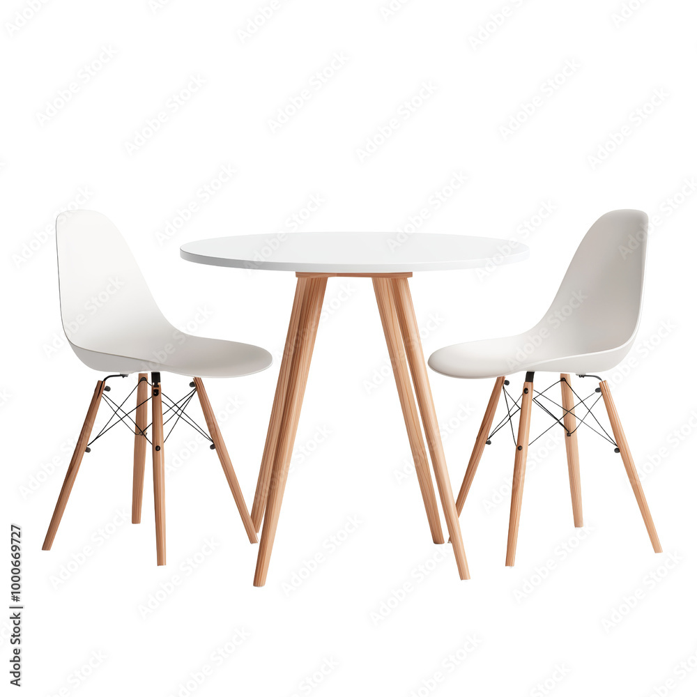 Minimalist white dining table set with two modern chairs. Perfect for contemporary interiors and small spaces. Light wooden legs complement design. Minimalist white dining table set with two modern chairs. Perfect for contemporary interiors and small spaces. Light wooden legs complement design.