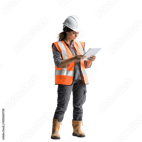 Female construction worker in safety gear using a tablet. Isolated on white background. Professional, safety, and technology concept.