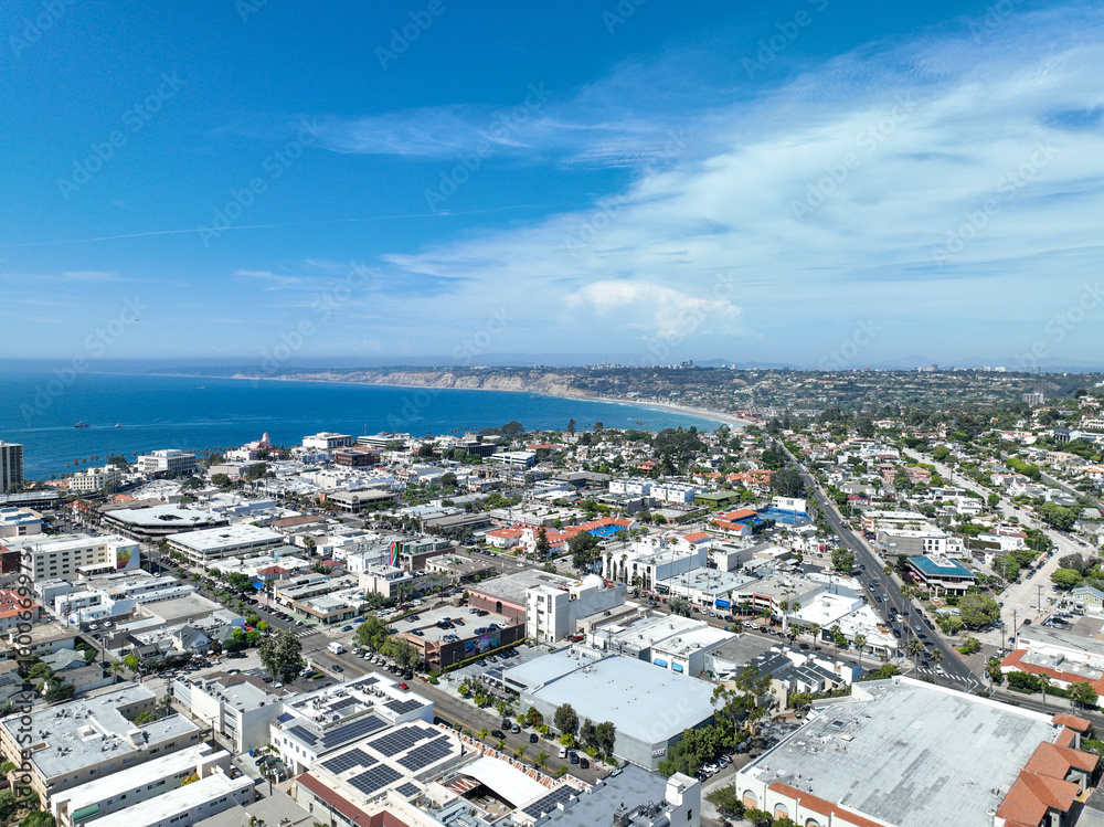 Fototapeta premium Aerial view over La Jolla with big villas and ocean in the background, San Diego, California, USA