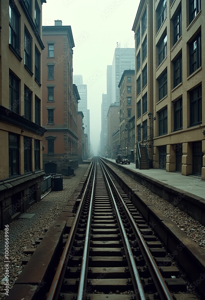 Fototapeta premium Discover Japan's Architectural Harmony: Downward Angle Shots of Vintage Trains Amidst Modern City Skylines and Residential Areas