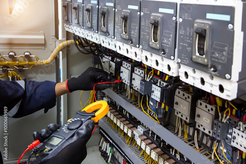 Electrical and electricity service technician checking electric current voltage at circuit breaker terminal and cable wiring in main power distribution board panel for safety maintenance system. photo