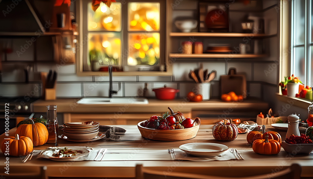 Thanksgiving farmhouse kitchen with wood table Thanksgiving farmhouse kitchen with wood table
