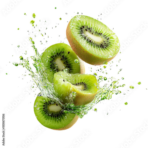 Fresh kiwi slices with a splash of water, showcasing vibrant green colors and juicy texture, perfect for a refreshing fruit concept. photo