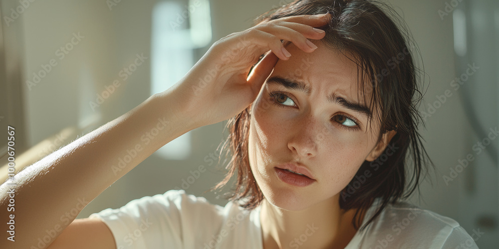 Naklejka premium Close up of a worried woman with dark hair touching her forehead, generative AI