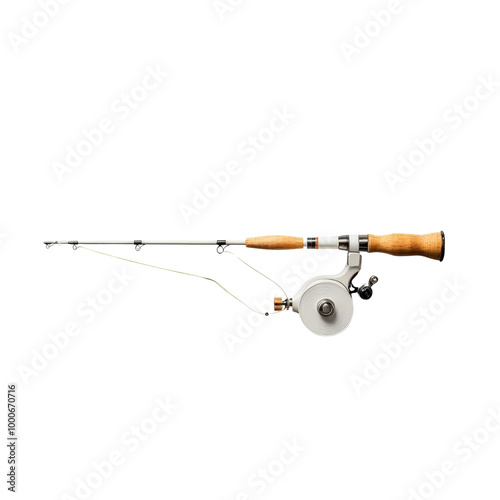 Fishing rod with reel and wooden handle isolated on white background. Ideal for fishermen, fishing enthusiasts, and outdoor adventure.