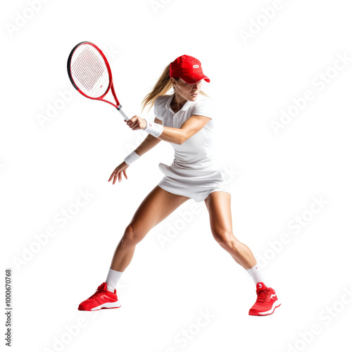 Female tennis player dressed in white and red, poised to hit a backhand shot on the court. Action, sports, competition.