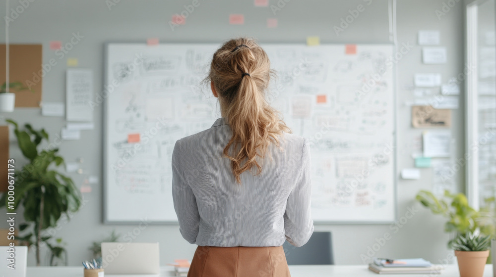 A woman stands in an office, facing whiteboard filled with notes and ideas, embodying creativity and focus. atmosphere is inspiring and collaborative, perfect for brainstorming