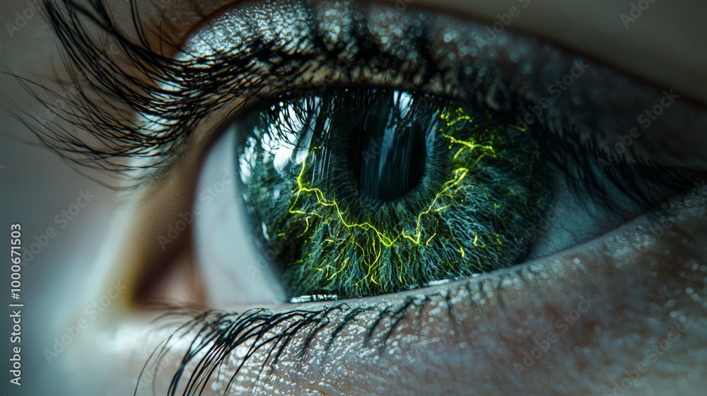 Retina woven with green energy lines, representing sustainable tech Retina woven with green energy lines, representing sustainable tech