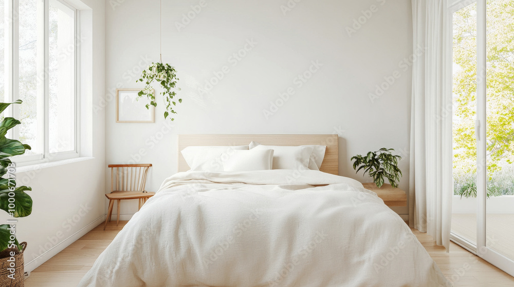 Fototapeta premium A serene bedroom featuring cozy bed with soft white bedding, minimalist design, and natural light streaming through large windows. room is adorned with plants, enhancing tranquil atmosphere