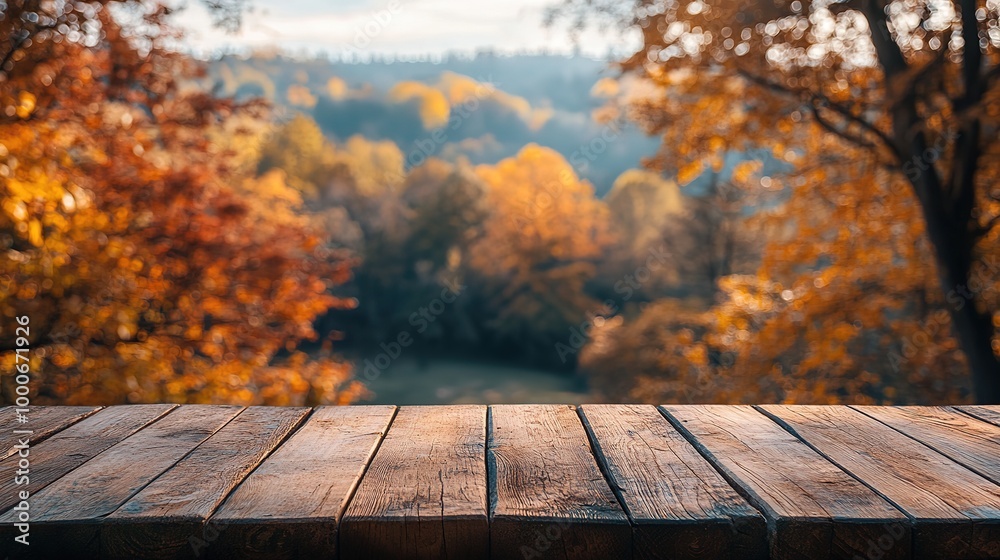 Outdoor tabletop mockup, Wood counter top on autumn forest background for product presentation. 