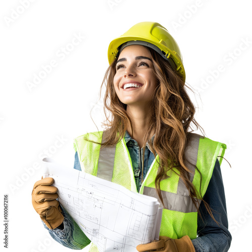 Smiling female construction worker in safety gear holding blueprints, looking confident and optimistic at a construction site.