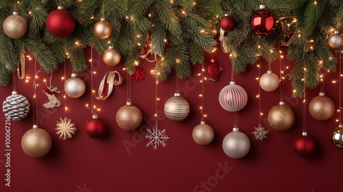 Festive Christmas decorations hang from lush green pine branches, creating warm and inviting atmosphere. rich red background enhances beauty of ornaments, making it perfect for holiday celebrations