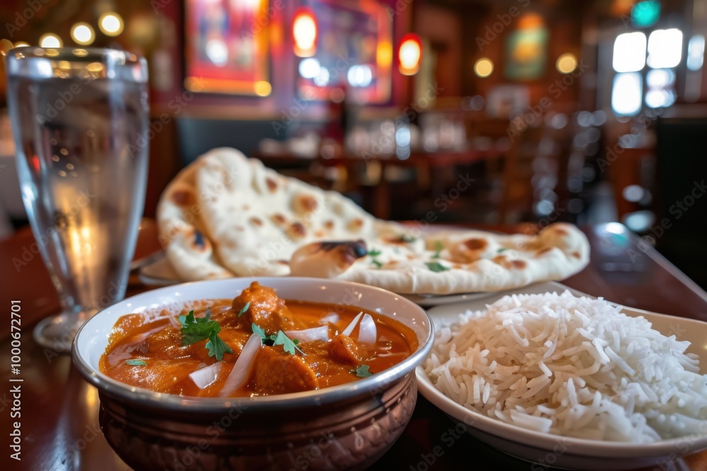 Delicious Chicken Curry Served with Rice and Naan in Inviting Restaurant Setting
Delicious Chicken Curry Served with Rice and Naan in Inviting Restaurant Setting