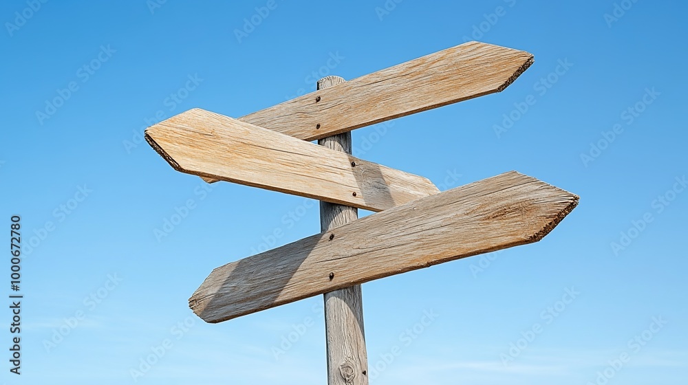 Fototapeta premium A weathered wooden signpost with blank arrows points in various directions against a clear blue sky.