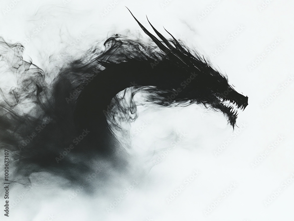 Fototapeta premium Black Smoke Shaping a dragon Against a White Background