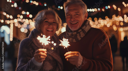 Blurred caucasian senior couple holding sparklers celebrating new year.