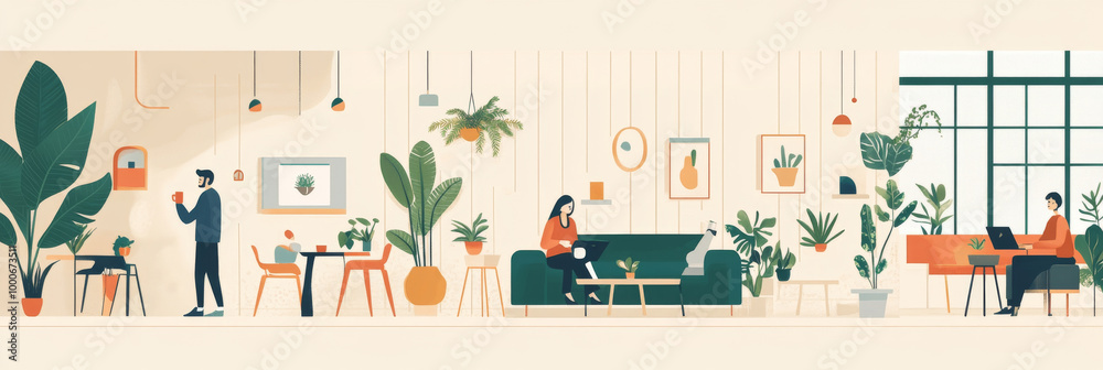 A vibrant indoor space filled with greenery, featuring people engaged in various activities. cozy atmosphere is enhanced by stylish furniture and decorative plants, creating welcoming environment A vibrant indoor space filled with greenery, featuring people engaged in various activities. cozy atmosphere is enhanced by stylish furniture and decorative plants, creating welcoming environment