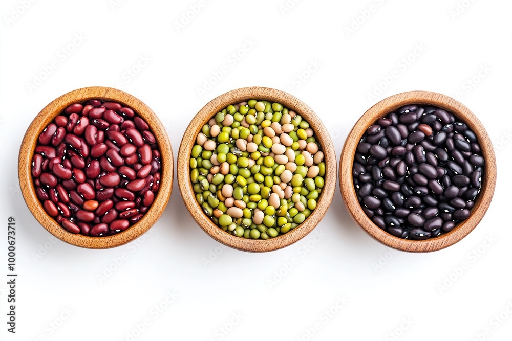 Three bowls of various beans, kidney, mung, and black beans. Three bowls of various beans, kidney, mung, and black beans.
