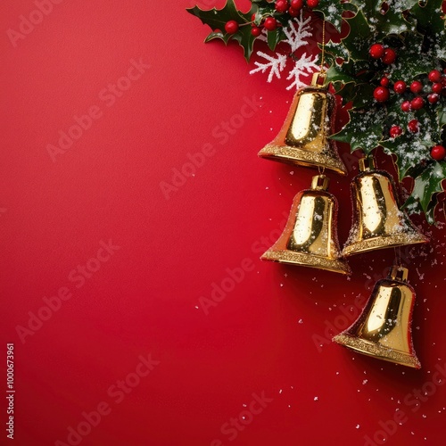 Christmas bell and fir on red background. Christmas greeting card or social banner. Golden bells adorned with holly leaves and berries, hanging from the top right corner. suitable for banners, cards,  photo