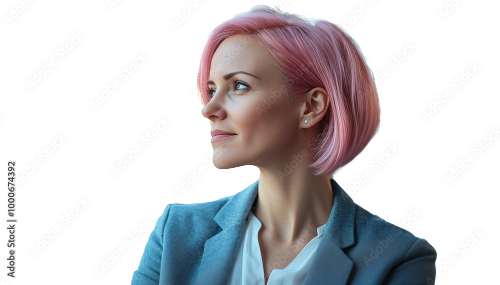 Confident Woman with Pink Hair and Glasses Looking Out of Window in a Modern Office Confident Woman with Pink Hair and Glasses Looking Out of Window in a Modern Office