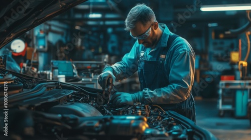 A car mechanic in overalls inspecting a vehicle's engine, using tools and diagnostic equipment in a brightly lit garage.