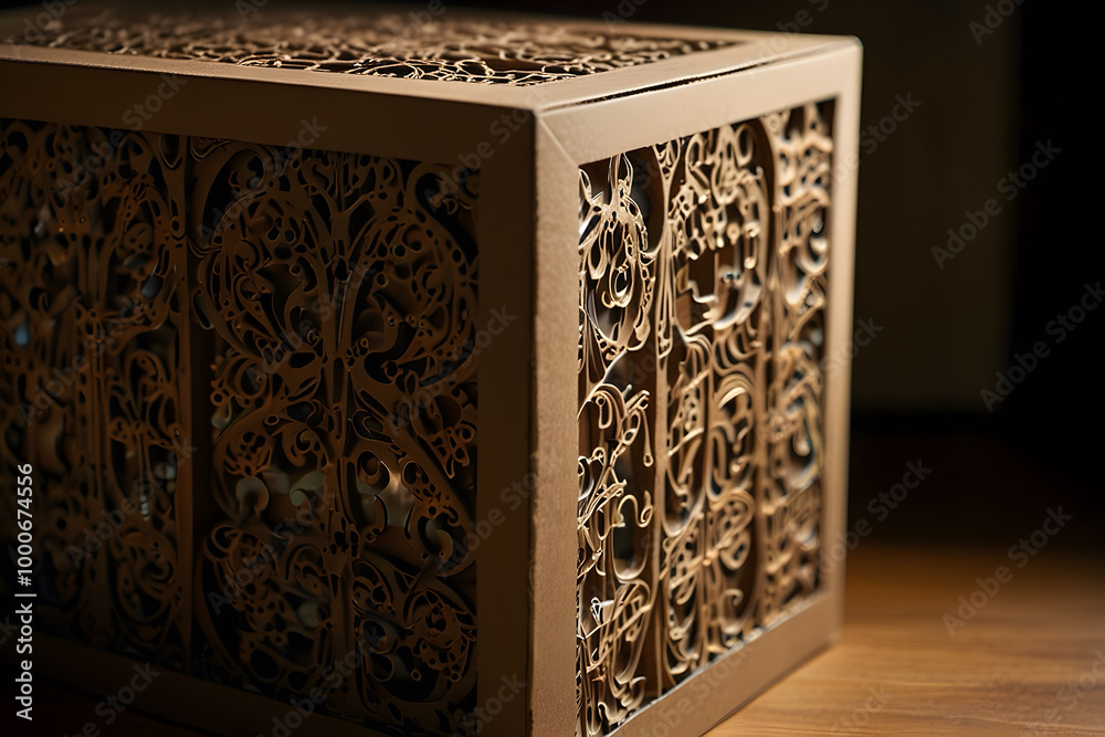 A close-up of a cardboard box art with intricate, laser-cut designs on its surface. A close-up of a cardboard box art with intricate, laser-cut designs on its surface.