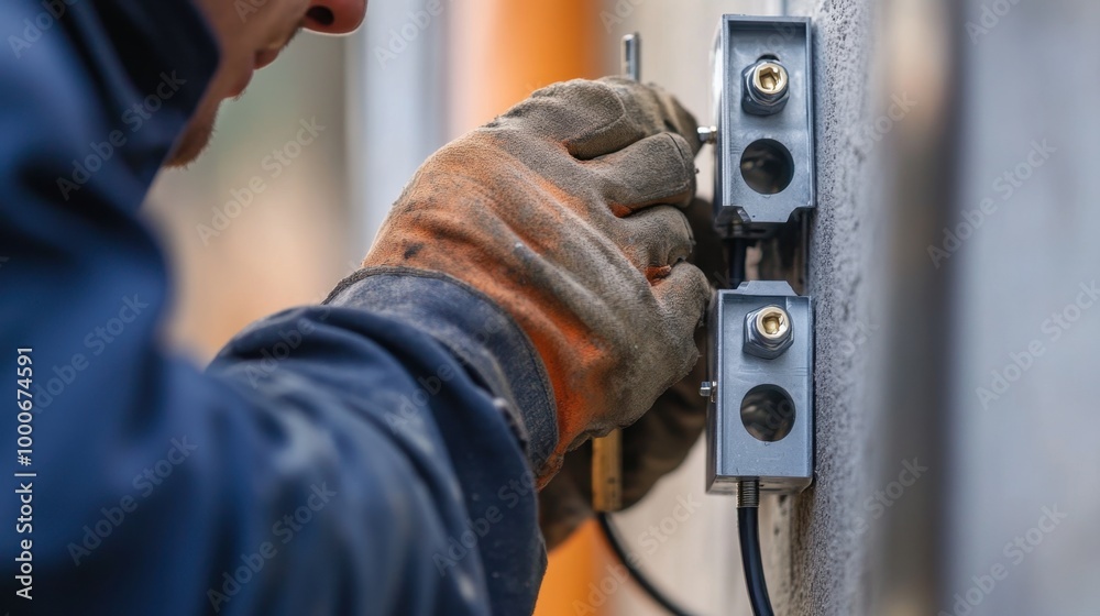 A close-up of an electrician fastening electrical conduit to a wall with screws.