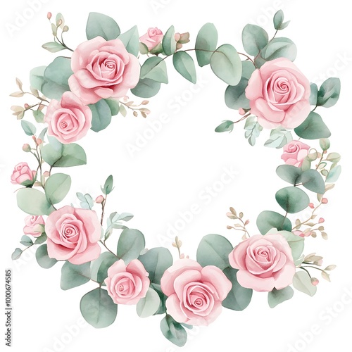 Watercolor floral wreath, burgundy and blush pink flowers with green leaves, 