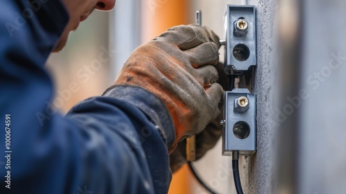 A close-up of an electrician fastening electrical conduit to a wall with screws.