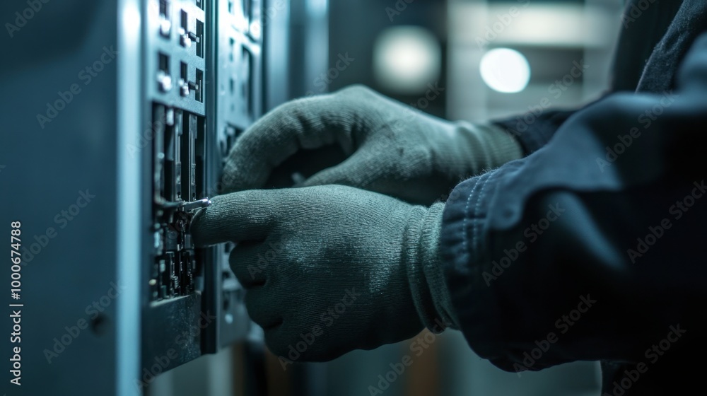 custom made wallpaper toronto digitalA close-up of an electrician's gloved hands tightening screws in a fuse box.