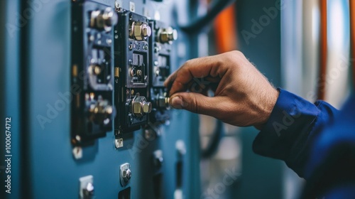 A close-up of an electrician tightening bolts on a large electrical panel.
