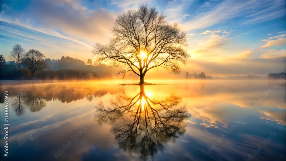 Picturesque view of leafless lonely tree growing in a lake at dawn with fog Picturesque view of leafless lonely tree growing in a lake at dawn with fog